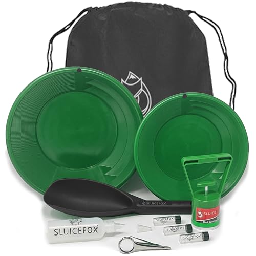 Sluice Fox Gold Rush panning kit with Backpack; 10-Piece Prospecting Tools for Adults and Kids. Gold pan Accessories; Black Sand Magnet, Plastic Gold Shovel, snifter Bottle, Tweezers and Gold vials