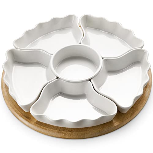 DOWAN 360° Rotatable Serving Tray and Platters, 12 Inch Divided Serving Bowls for Party, Christmas Decor, Removable Serving Dishes for Chips and Dip, Fruit, Veggies, Candy and Snacks, 7 Pieces, White
