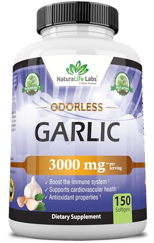 NaturaLife Labs A Higher Standard Odorless Pure Garlic 3000 mg per Serving Maximum Strength 150 Soft gels Promotes Healthy Cholesterol Levels Immune System Support