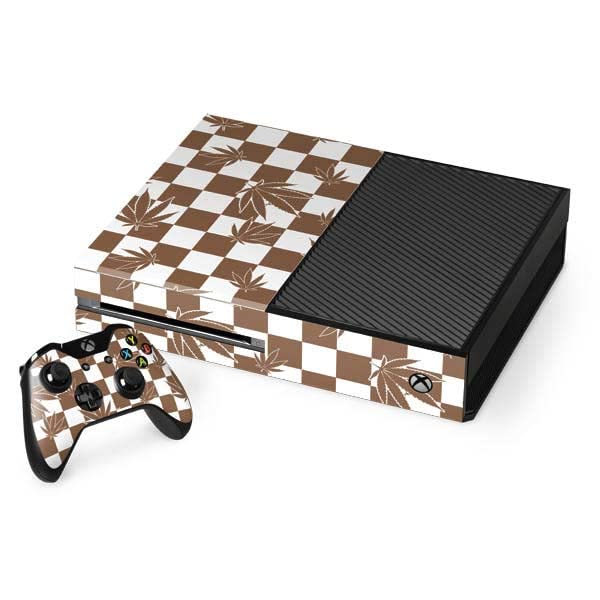 Skinit Decal Gaming Skin Compatible with Xbox One Console and Controller Bundle - Originally Designed Marijuana Brown Checkered Design