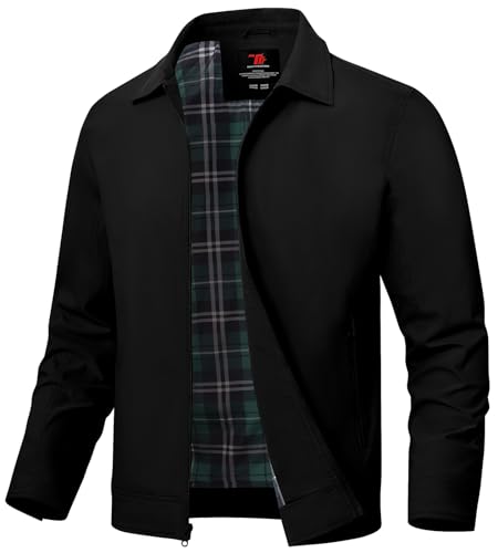 TBMPOY Men's Lightweight Jackets Casual Windbreaker Stylish Light Golf Full Zip Up Work Dress Business with Zip Pockets Black L