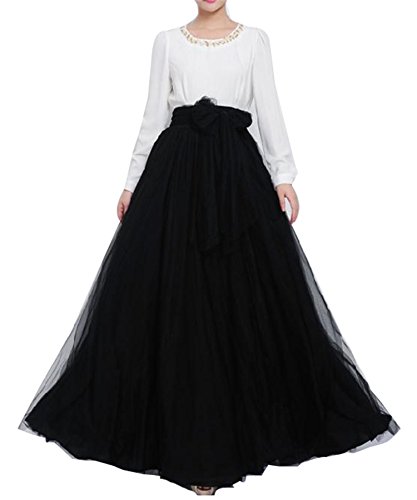 Women Wedding Long Maxi Puffy Tulle Skirt Floor Length A Line with Bowknot Belt High Waisted for Wedding Party Evening(Black,Small-Medium)