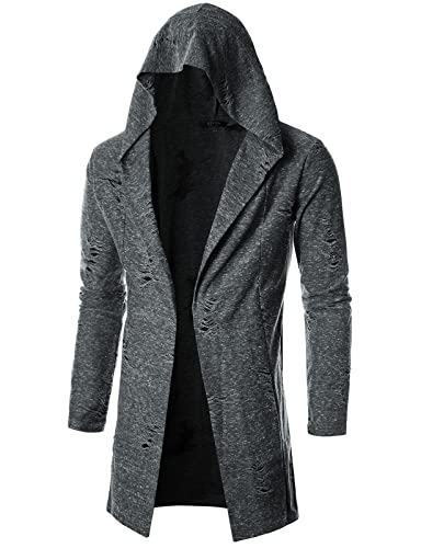 GIVON Mens Longline Hooded Cardigan Ruffle Shawl Collar Drape Cape Overcoat From Unique Scratch Fabric/DCC155-CHARCOAL-L