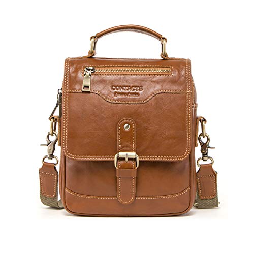 Contacts Leather Messenger Bag For Men, CONTACT'S Genuine Leather Crossbody Bag Shoulder 7.9' iPad Bag College School Travel Handbag, Brown1, One Size