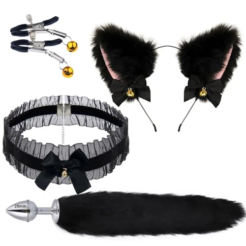 Cute Fox Tail Anal Butt Plug with Faux Silver Fox Tail Butt Plugs with Cat Ears Headband Anal Sex Toys Couples Lover Flirting Libido Stimulation Toys (Color : 4pcs-Black)