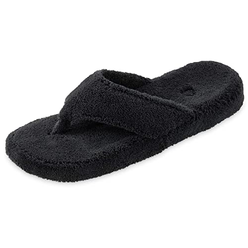 Acorn Women's Spa Thong Slippers - House Slippers, Memory Foam Layers of Cloud Like Arch Support and Plush Fluffy Terry Lining, Indoor Outdoor Soles in a Comfortable Flip Flop Style, Black, 8-9 US