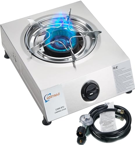 Horynar Propane Stove Single Burner Propane Stove 1 Burner 12000 BTU Propane Burner Camping Stove Propane with Propane Adapter Hose Portable Gas Stove One-piece Panel (silver)