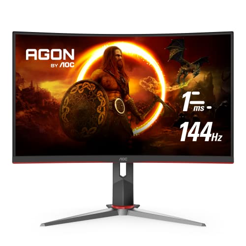 AOC CQ27G2 27' Super Curved Frameless Gaming Monitor QHD 2K, 1500R VA, 1ms, 144Hz, FreeSync, Height adjustable, 3-Yr Zero Dead Pixel, Black/Silver