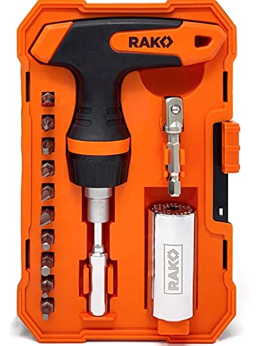 RAK Universal Socket Tool - Christmas Gifts for Men - Set of 15 with 1/4-to-3/4-inch Wrench Grip, T-Handle Ratchet Driver and 10 Screwdriver Bits - Stocking Stuffer Gifts for men, Husband, Handyman