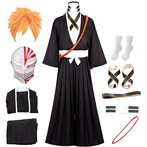 Kurosaki Ichigo Cosplay Costume Kurosaki Ichigo Cosplay Outfit Uniform Black Cloak Kimono Full Set(black01-MASK&WIG,M)