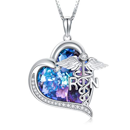 TOUPOP Gifts for Nurse Nurse Gifts for Women Sterling Silver Heart RN Caduceus Pendant Necklace with Purple Heart Crystal Christmas Birthday Medical Nursing Mothers Day Jewelry Gifts for Women Girls Student Doctor