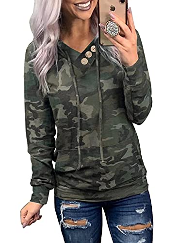 Dokotoo Women's Casual Camo Hoodies Long Sleeve Sweatshirt Drawstring V-Neck Pullover Loose Tops Shirts with Kangroo Pocket 2023 Fashion Fall Hooded Sweatshirt Green Medium