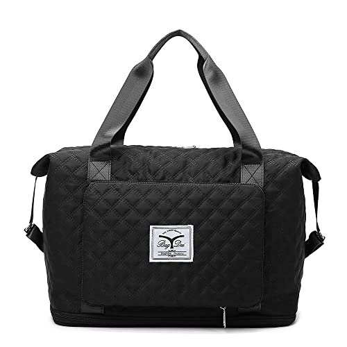 Macolily Women Expandable Travel Duffle Bags, Large Capacity Folding Travel Bag with Wet and Dry Separation Bag, Diamond Grid Pattern, Sports Gym Bag for Travel, Sports, Fitness (Black)