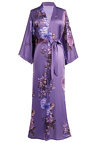 BABEYOND Kimono Robe Long Floral Bridesmaid Wedding Bachelorette Party Robe 53 Inches (Purple)
