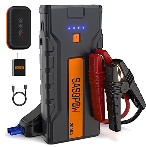 SASOPOW Car Jump Starter, 2000A Peak Battery Starter for 8.5L Gas and 7.0L Diesel Engines, 12V Lithium Jump Box for Vehicles, Battery Booster with USB QC3.0, Jump Pack with Built-in LED Light