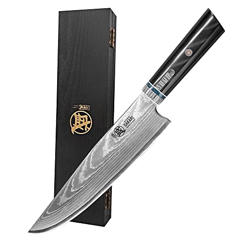 MITSUMOTO SAKARI 7 inch Japanese Gyuto Chef Knife, Hand Forged Professional Kitchen knife, Damascus HAP40 Steel Powder Chef's knife (Micarta Handle and Gift Box)