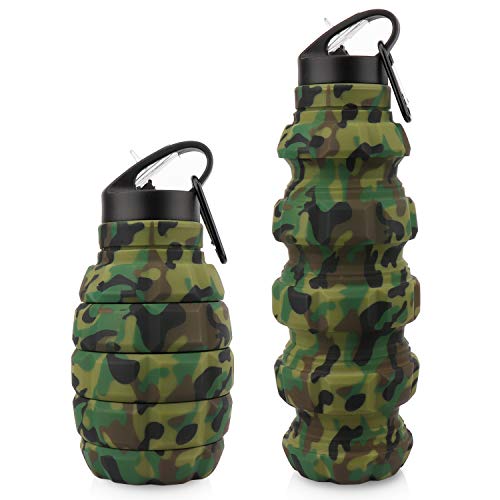 PenghaiYunfei Collapsible Travel Water Bottle18oz, Reuseable Silicone Foldable Water Bottles for Gym Camping Hiking, Portable Leak Proof Sports Water Bottle with Carabiner (Army green camouflage)