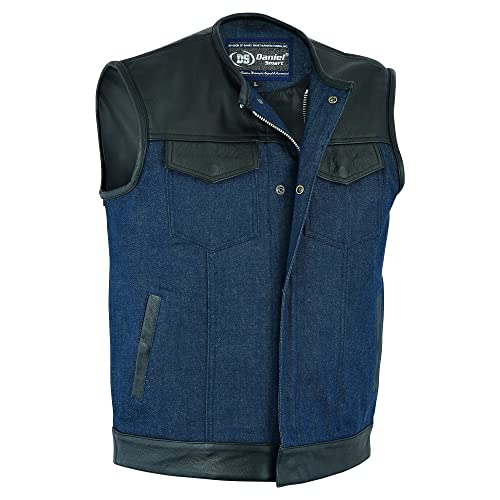 Daniel Smart Denim Motorcycle Vest with Leather Detailing Biker Vest for Men Without Collar Design& Concealment Armory Pocket