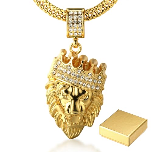 Halukakah Kings Landing Men’s Necklace | 18k Real Gold Plated Large Crown Lion Pendant with Diamonds | Includes 7mm Sharktail Chain 30'(75cm) & Giftbox