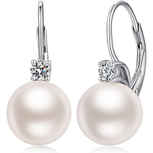 Pearl Earrings Pearl Dangle Earring Pearl Diamond Earring Cubic Zirconia Pearl Earring for Women Sterling Silver Pearl Leverback Earring Silver Pearl Drop Earrings 10mm Pearl Jewelry Jiahanzb