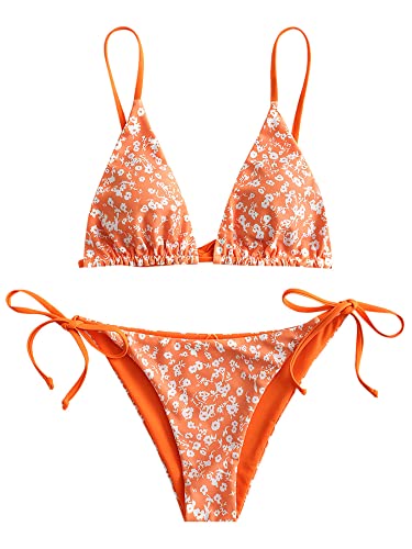 ZAFUL Women's Triangle Bikini Floral String Bikini Set Two Piece Swimsuit Bathing Suits (2-Pumpkin Orange, M)