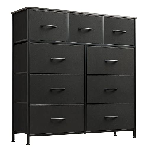 WLIVE 9-Drawer Dresser, Fabric Storage Tower for Bedroom, Hallway, Closet, Tall Chest Organizer Unit with Fabric Bins, Steel Frame, Wood Top, Easy Pull Handle, Charcoal Black
