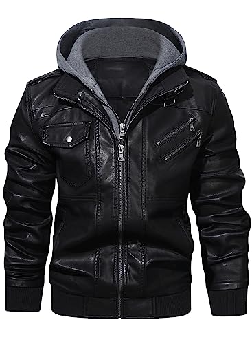 HOOD CREW Men’s Casual Stand Collar PU Faux Leather Zip-Up Motorcycle Bomber Jacket With a Removable Hood