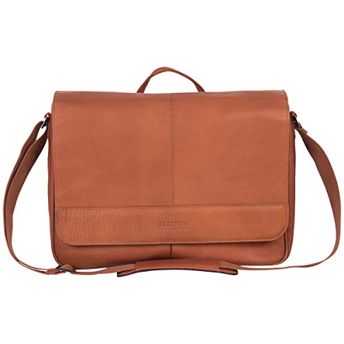 KENNETH COLE REACTION Risky Business Full-Grain Colombian Leather Crossbody Case & Tablet Day, Cognac, 15.6' Laptop Messenger Bag