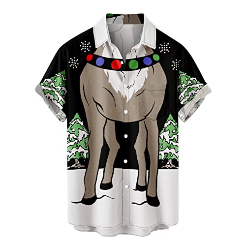 Nzwiluns Christmas Button Up Shirt for Men's Short Sleeve Santa Claus Party Tropical Ugly Hawaiian Shirts Funny Dress Shirts Black