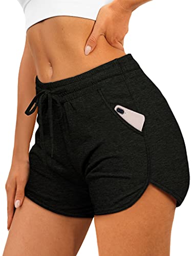 Aloodor Womens Shorts for Summer Athletic Shorts with Pockets Runing Training Black L