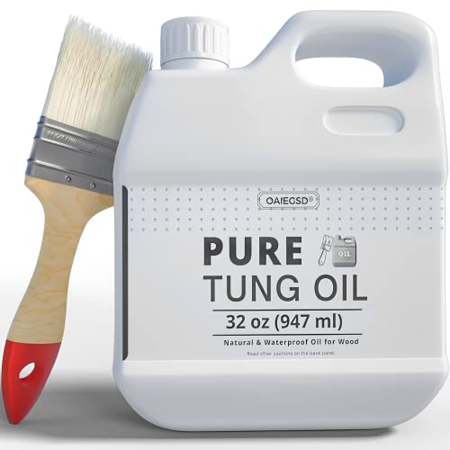 OAIEGSD 32 OZ Pure Tung Oil for Wood Finishing with Wood Brush, Waterproof Wood Sealer Indoor and Outdoor, 100% Pure Natural Tung Oil for Unfinished Bare Wood, Such as Wood Furniture, Wood Floors
