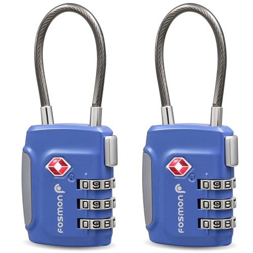 Fosmon TSA Accepted Cable Luggage Locks, (2 Pack) Re-settable Easy to Read 3 Digit Combination with Alloy Body and Release Button for Travel Bag, Suit Case & Luggage - Blue