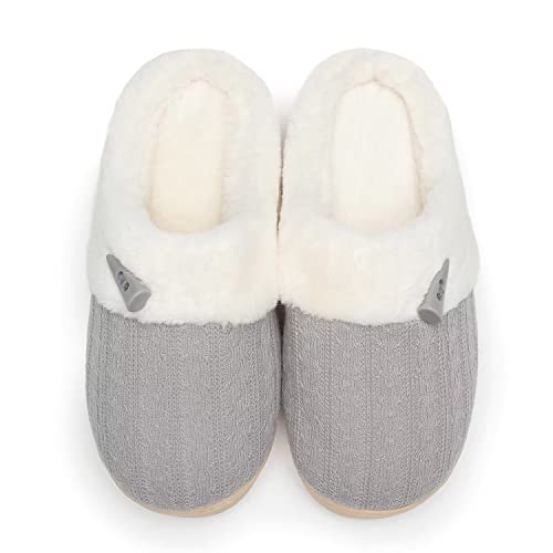 NineCiFun Women's Slip on Fuzzy Slippers Memory Foam House Slippers Outdoor Indoor Warm Plush Bedroom Shoes Scuff with Faux Fur Lining size 9 10 light grey