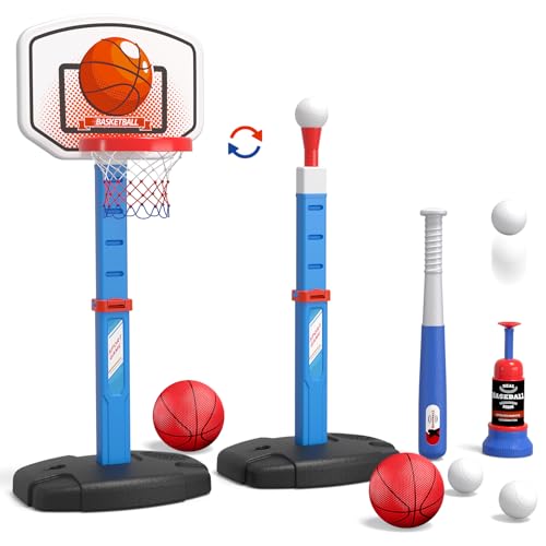 HYES 2 in 1 Kids Basketball Hoop and T Ball Set - Adjustable Height, Kids Baseball Tee with Automatic Pitching Machine, Indoor Outdoor Sport Toys Gifts for Toddler Boys Girls Age 1-5, Blue