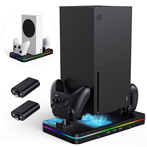 Charging Stand for Xbox Series X/S with Cooling Fan, Luckit Vertical Fast Charging Station with 2 X 1100 mAh Rechargeable Battery Packs, Vertical Dual Controller Charger Station with 3 USB Ports