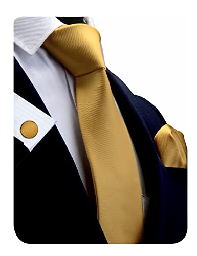 GUSLESON Brand Men's silk Solid Gold Yellow Tie Neckties and Pocket Square Cufflinks Sets (0789-11)
