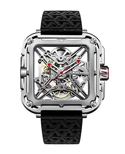 CIGA Design Mechanical Automatic Watch X Series SUV Inspired Anti-Shock Design Sapphire Crystal Analog Skeleton Watches with Silicone and Nylon Strap for Men and Women (Space Silver)