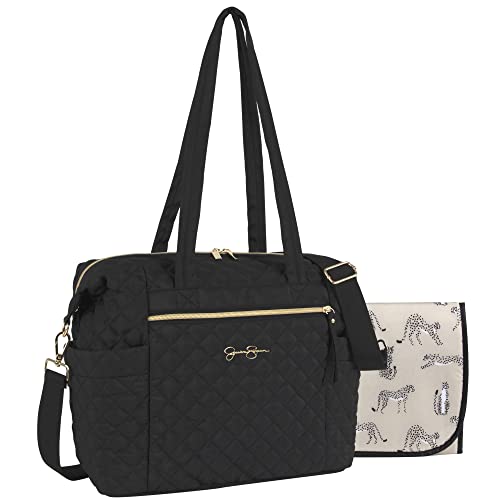 Quilted Crossbody Diaper Bag Tote Purse Set for Baby Girl, Baby Boy with Changing Pad, Insulated Compartment (Black)