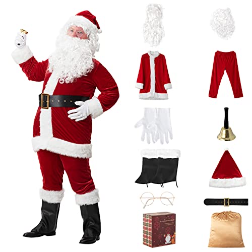 Sunolga Santa Claus Costume Santa Costume Velvet Santa Suit 11 Pcs Christmas Costumes for Adults Men Santa Hat