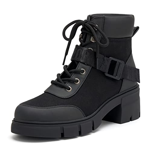 REDTOP Women's Combat Boots Chunky Lug Sole Ankle Boots Lace Up Buckle Casual Shoes Black