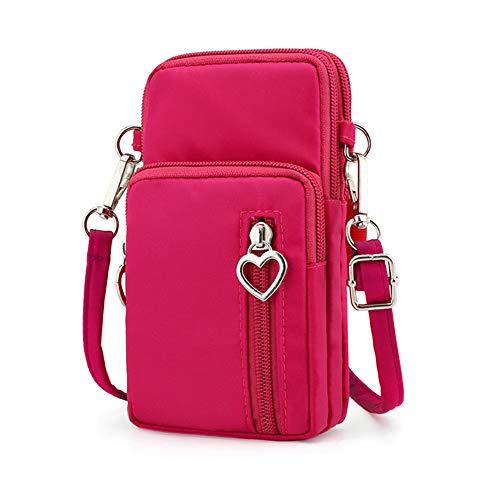 Women Nylon Cell Phone Purse Wallet Pouch Mini Crossbody Shoulder Bag Zip Handbag with Card Pocket (Pink)
