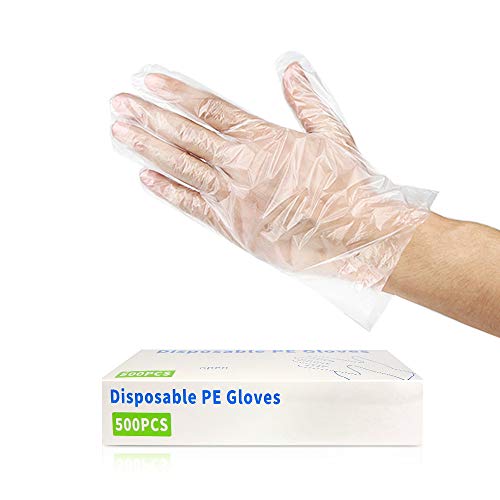 CFGROW 500pcs Disposable Plastic Gloves, Latex Free Powder Free Clear Polyethylene Hand Gloves Non-Sterile for Cleaning Cooking, Hair Coloring, Dishwashing, Food Handling, Large 500 Count (Pack of 1)