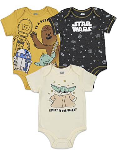 STAR WARS Yoda R2-D2 Chewbacca Newborn Baby Boys 3 Pack Bodysuits White/Gray/Yellow 3-6 Months