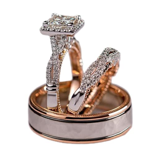 Engagement rings for couples set,3 pc His and Her Wedding Ring Set, Hypoallergenic Rose Gold Ring Set, Cubic Zirconia Bride Promise Rings Set,size 6-10 (6)