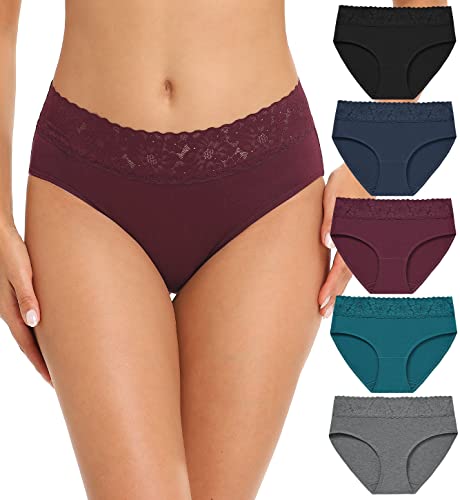 RHYFF Womens Underwear Cotton Bikini Panties Lace Soft Hipster Panty Ladies Stretch Full Briefs 5 Pack(R6004XL-Dark) X-Large