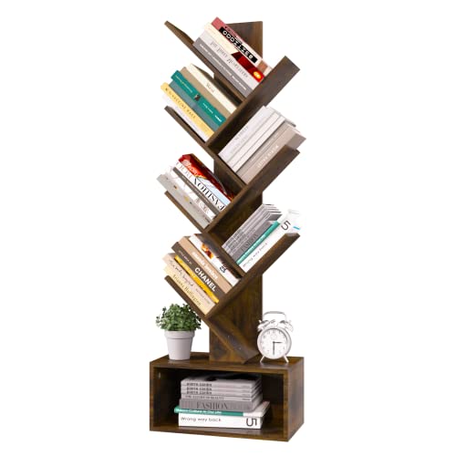 Yoobure Tree Bookshelf - 6 Shelf Retro Floor Standing Bookcase, Tall Wood Book Storage Rack for CDs/Movies/Books, Utility Book Organizer Shelves for Bedroom, Living Room, Home Office