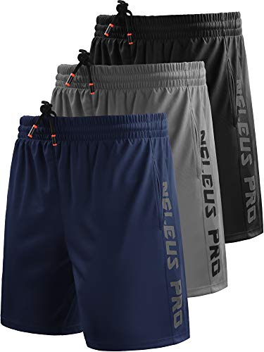 NELEUS Men's 7' Workout Running Shorts with Pockets,6056,3 Pack,Black/Grey/Navy Blue,L,EU XL
