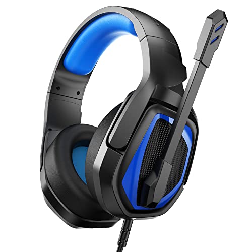 Anivia MH602 Gaming Headset for PC PS5 PS4 Nintendo Xbox One Mac Laptop, Wired Stereo Over-Ear Headphones with Noise Cancelling Mic, Soft Memory Earmuffs for Adults & Kids, Black-Blue