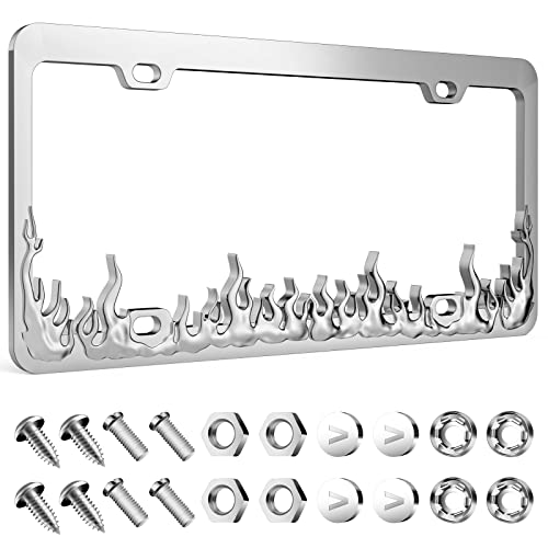 Valor Premium Durable Shine Chrome Car License Plate Frames, Applicable to Standard US License Plate Cover, 4 Holes Rust-Proof Weather-Proof Zinc Alloy Frame with Anti Theft Screw Caps (Silver Flame)