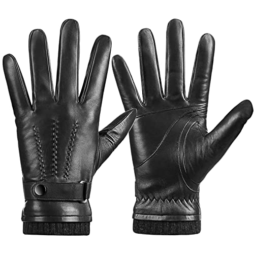Potopok Winter Sheepskin Leather Gloves for Men, Warm Touchscreen Texting Gloves with Soft Cashmere Lining, Fashion Driving Gloves for Outdoor Sports(Black-XL)